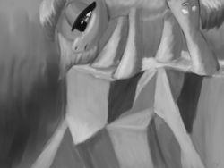 Size: 2000x1500 | Tagged: safe, artist:flusanix, limestone pie, earth pony, pony, g4, crying, female, grayscale, mare, monochrome, rock, sad, solo