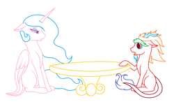 Size: 2817x1645 | Tagged: safe, artist:um, derpibooru exclusive, princess celestia, oc, oc:chaos, alicorn, hybrid, pony, g4, interspecies offspring, lineart, offspring, parent:discord, parent:princess celestia, parents:dislestia, partial color