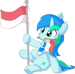 Size: 6511x6359 | Tagged: safe, artist:cyanlightning, oc, oc only, oc:cyan lightning, pony, unicorn, 2021 community collab, derpibooru community collaboration, .svg available, absurd resolution, colt, flag, flag pole, indonesia, indonesian, indonesian independence day, male, mouth hold, simple background, sitting, solo, transparent background, vector