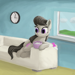 Size: 4000x4000 | Tagged: safe, artist:flusanix, octavia melody, earth pony, pony, g4, absurd resolution, clock, couch, female, food, looking at something, mare, popcorn, relaxing, solo, window