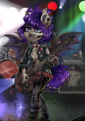 Size: 3500x5000 | Tagged: safe, artist:irinamar, oc, oc only, bat pony, anthro, bikini, bikini top, breasts, cleavage, cleavage fluff, clothes, commission, female, guitar, jacket, jewelry, midriff, musical instrument, necklace, piercing, solo, swimsuit