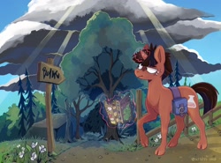 Size: 1622x1200 | Tagged: safe, artist:sepistys, oc, oc only, pony, unicorn, bag, cloud, cloven hooves, crepuscular rays, fence, flower, forest, map, road sign, saddle bag, solo, tree