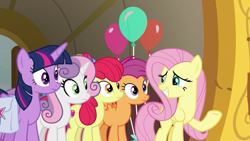 Size: 1920x1080 | Tagged: safe, screencap, apple bloom, biscuit, fluttershy, scootaloo, sweetie belle, twilight sparkle, alicorn, pony, g4, growing up is hard to do, bag, balloon, cutie mark, cutie mark crusaders, older, saddle bag, the cmc's cutie marks, twilight sparkle (alicorn)
