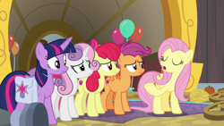 Size: 1920x1080 | Tagged: safe, screencap, apple bloom, fluttershy, scootaloo, sweetie belle, twilight sparkle, alicorn, pony, g4, growing up is hard to do, bag, cutie mark, cutie mark crusaders, older, saddle bag, the cmc's cutie marks, twilight sparkle (alicorn)