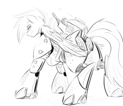 Size: 1480x1279 | Tagged: safe, artist:testostepone, oc, oc only, oc:silverstring, pegasus, pony, armor, black and white, butt, female, grayscale, looking at you, monochrome, plot, power armor, sketch, solo