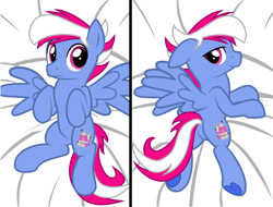 Size: 5142x3915 | Tagged: safe, artist:blue-vector, artist:nsfwblue-vector, oc, oc only, oc:loco steamy, oc:steam loco, pegasus, pony, bed, bedroom eyes, body pillow, body pillow design, butt, commission, cute, cutie mark, featureless crotch, floppy ears, frog (hoof), looking at you, looking back, looking back at you, looking up, lying down, male, multiple poses, on back, on bed, pegasus oc, plot, show accurate, smiling, solo, spread wings, stallion, underhoof, wings