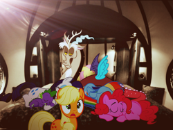 Size: 1882x1409 | Tagged: safe, applejack, discord, fluttershy, pinkie pie, rainbow dash, rarity, spike, g4, bed, sleeping, vector