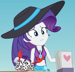Size: 1620x1553 | Tagged: safe, screencap, rarity, crab, equestria girls, equestria girls series, g4, too hot to handle, beach, beach babe, belly button, bikini, bikini babe, bikini top, clothes, cropped, cute, female, geode of shielding, hat, jewelry, magical geodes, makeup, midriff, necklace, pearl necklace, raribetes, rarity's blue sarong, rarity's purple bikini, sarong, smiling, solo, sun hat, swimsuit, tiara