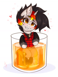 Size: 1215x1605 | Tagged: safe, artist:falafeljake, oc, oc only, oc:moonshine, pony, unicorn, alcohol, blushing, clothes, collar, cup, cup of pony, drunk, flannel, floating heart, heart, micro, piercing, shirt, solo, stockings, thigh highs, whiskey