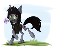 Size: 2500x2000 | Tagged: safe, artist:xvostik, pony, unicorn, clothes, commission, disguise, disguised siren, fangs, flower, grass, high res, hoof fluff, horn, jewelry, kellin quinn, male, mouth hold, necklace, ponified, shirt, sky, sleeping with sirens, slit pupils, solo, stallion, t-shirt, walking, ych result