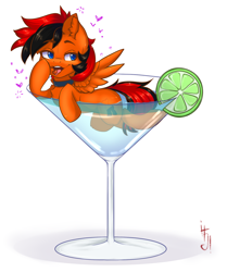 Size: 1600x1916 | Tagged: safe, artist:falafeljake, oc, oc only, oc:winged whisper, pegasus, pony, cherry, collar, cup, cup of pony, food, heart, lime, martini glass, micro, solo