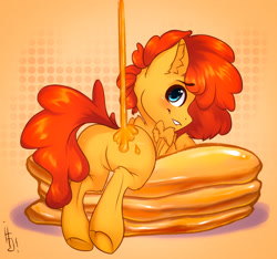 Size: 1646x1542 | Tagged: safe, artist:falafeljake, oc, oc only, oc:autumn dream, pegasus, pony, butt, featureless crotch, food, honey, micro, pancakes, plot, ponies in food, solo