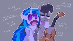 Size: 1920x1080 | Tagged: safe, artist:another_pony, dj pon-3, octavia melody, vinyl scratch, earth pony, pony, unicorn, g4, bowtie, broken instrument, cello, cute, dialogue, female, gray background, heart, hoof around neck, hug, i wub you, lesbian, mare, musical instrument, open mouth, ship:scratchtavia, shipping, simple background, tavibetes, teary eyes, vinylbetes, wub
