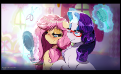 Size: 1920x1176 | Tagged: safe, artist:walliscolours, fluttershy, rarity, pegasus, pony, unicorn, g4, alternate hairstyle, beautiful, blushing, brush, carousel boutique, chest fluff, cute, female, glasses, glowing, glowing horn, hand mirror, horn, lesbian, letterboxing, lidded eyes, magic, magic aura, mare, mirror, raised hoof, rarity's glasses, redraw, scissors, ship:flarity, shipping, shyabetes, signature, telekinesis