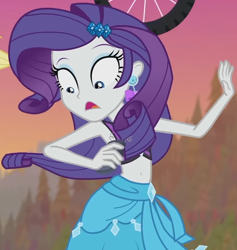 Size: 1520x1601 | Tagged: safe, screencap, rarity, equestria girls, equestria girls series, lost and found, belly button, bikini, clothes, cropped, ear piercing, female, phone, piercing, rarity's blue sarong, rarity's purple bikini, sarong, sleeveless, solo, swimsuit