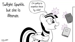 Size: 1200x675 | Tagged: safe, artist:pony-berserker, twilight sparkle, alicorn, pony, pony-berserker's twitter sketches, g4, black and white, book, bookshelf, cursed image, female, grayscale, halftone, i never learned to read, illiteracy, illiterate, impossible, levitation, magic, mare, monochrome, partial color, speech bubble, telekinesis, twilight sparkle (alicorn)