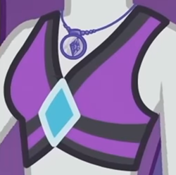 Size: 1232x1221 | Tagged: safe, screencap, rarity, equestria girls, equestria girls series, g4, lost and found, bikini, bikini top, boobshot, breasts, clothes, cropped, female, geode of shielding, jeweled swimsuit, jewelry, magical geodes, necklace, pictures of chests, rarity's purple bikini, solo, swimsuit