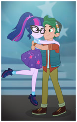 Size: 2135x3407 | Tagged: safe, artist:cxpcakes, sci-twi, timber spruce, twilight sparkle, equestria girls, equestria girls series, g4, star crossed, adorable face, adorkable, couple, cute, dork, female, glasses, high res, hug, male, one eye closed, ponytail, shipping, straight, timberbetes, timbertwi, twiabetes, wink