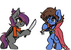 Size: 1031x731 | Tagged: safe, artist:cottonsweets, oc, oc only, oc:anneal, oc:bizarre song, bat pony, pegasus, pony, baseball bat, bat pony oc, bat wings, broken horn, cape, chibi, clothes, female, horn, male, mare, simple background, stallion, sword, transparent background, weapon, wings