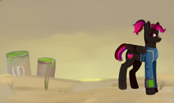 Size: 2700x1600 | Tagged: safe, artist:ske, oc, oc only, oc:sofy murmuriya, pegasus, pony, ashes town, fallout equestria, clothes, jumpsuit, pipbuck, radioactive, radioactive waste, solo, vault suit
