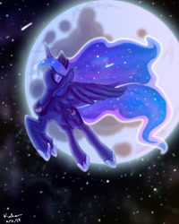 Size: 576x720 | Tagged: safe, artist:pixxlsugr, princess luna, alicorn, pony, g4, female, flying, full moon, mare, moon, night, profile, sky, solo, starry night, stars