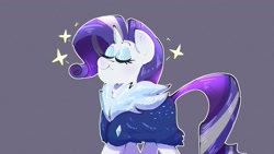 Size: 1920x1080 | Tagged: safe, artist:another_pony, rarity, pony, unicorn, g4, the last problem, chest fluff, cloak, clothes, eyes closed, eyeshadow, female, gray background, makeup, mare, older, older rarity, simple background, skunk stripe, smiling, solo, sparkles