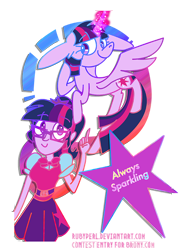 Size: 600x800 | Tagged: safe, artist:twilightcomet, sci-twi, twilight sparkle, alicorn, human, pony, equestria girls, g4, clothes, duo, female, flying, glowing horn, horn, human ponidox, mare, self ponidox, simple background, skirt, smiling, text, transparent background, twilight sparkle (alicorn), twolight