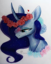Size: 1080x1351 | Tagged: safe, artist:_quantumness_, princess luna, alicorn, pony, g4, bust, crying, curved horn, ethereal mane, female, floral head wreath, flower, horn, mare, signature, solo, starry mane, traditional art