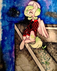Size: 1080x1350 | Tagged: safe, artist:_quantumness_, oc, oc only, pegasus, pony, cigarette, clothes, hat, night, pegasus oc, sitting, smoking, solo, stars, traditional art, wings