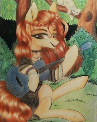 Size: 1080x1350 | Tagged: safe, artist:_quantumness_, oc, oc only, cat, earth pony, pony, choker, clothes, earth pony oc, female, guitar, jewelry, mare, musical instrument, necklace, outdoors, sitting, solo, traditional art, tree