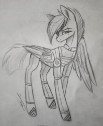 Size: 1080x1320 | Tagged: safe, artist:_quantumness_, rainbow dash, pegasus, pony, g4, alternate timeline, amputee, apocalypse dash, armor, artificial wings, augmented, crystal war timeline, eye scar, eyepatch, female, grayscale, lineart, mare, monochrome, prosthetic limb, prosthetic wing, prosthetics, scar, solo, traditional art, wings