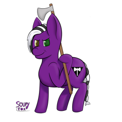 Size: 3000x3000 | Tagged: safe, artist:soupyfox, oc, oc only, earth pony, pony, axe, black and white mane, braided tail, commission, dane axe, grin, high res, looking at you, shading, simple background, smiling, solo, transparent background, weapon