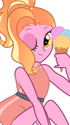Size: 1080x1920 | Tagged: safe, artist:sallyso, luster dawn, equestria girls, g4, alternate hairstyle, belt, clothes, dress, equestria girls-ified, eyeshadow, female, food, ice cream, ice cream cone, makeup, neapolitan, one eye closed, simple background, solo, white background, wink