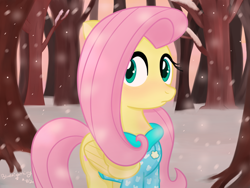 Size: 800x600 | Tagged: safe, artist:bluenightkitty, artist:queenbluestar, fluttershy, pegasus, pony, g4, blushing, clothes, cute, female, forest, hoodie, looking away, mare, shyabetes, snow, snowfall, solo, tree, winter