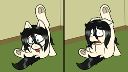 Size: 1503x850 | Tagged: safe, artist:scraggleman, oc, oc only, oc:floor bored, earth pony, pony, behaving like a cat, didn't think this through, disgusted, featureless crotch, female, floppy ears, frog (hoof), instant regret, licking, mare, solo, stuck, tongue out, underhoof