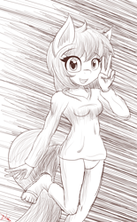 Size: 2790x4500 | Tagged: safe, artist:ramoncrimson935, oc, oc only, anthro, plantigrade anthro, female, monochrome, peace sign, sketch, solo