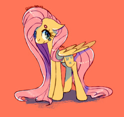 Size: 749x707 | Tagged: safe, artist:icecreamsandwich12, fluttershy, pegasus, pony, g4, cute, female, floppy ears, folded wings, looking at you, mare, orange background, shyabetes, simple background, solo, standing, teary eyes, three quarter view, wings