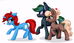 Size: 4684x2760 | Tagged: safe, artist:art of the ghostie, artist:artoftheghostie, oc, oc only, bat pony, earth pony, pony, annoyed, blushing, female, heart, male, oc x oc, shipping, simple background, trio, white background