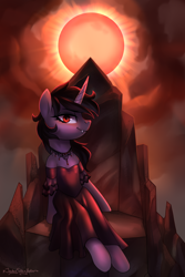 Size: 2000x3000 | Tagged: safe, artist:jedayskayvoker, oc, oc:astra nova, pony, unicorn, vampire, vampony, clothes, dress, fangs, female, high res, jewelry, mare, necklace, red dress, red sun, the end is neigh, throne of stone, victorian dress