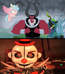 Size: 2912x3328 | Tagged: safe, edit, edited screencap, screencap, cozy glow, lord tirek, queen chrysalis, g4, season 9, the ending of the end, 3d, cringing, death horse, derpy horse4, end of the memeverse, ennard, five nights at freddy's, high res, red eyes, scott cawthon, source filmmaker
