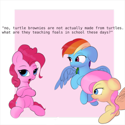 Size: 2304x2308 | Tagged: safe, artist:vultraz, fluttershy, pinkie pie, rainbow dash, pony, g4, 4chan, angry, bored, caption, colored, drawthread, female, high res, image macro, requested art, silly, simple background, text, trio, turtle brownies