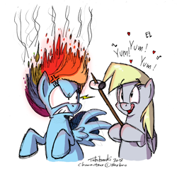 Size: 1000x979 | Tagged: safe, artist:tobibrocki, derpy hooves, rainbow dash, pegasus, pony, g4, angry, cross-popping veins, duo, female, fire, food, imminent rage, mane of fire, marshmallow, newbie artist training grounds, rainbow dash is not amused, simple background, unamused, walking campfire, white background