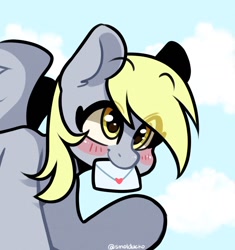 Size: 1350x1434 | Tagged: safe, artist:cottonsweets, derpy hooves, pegasus, pony, g4, blushing, cloud, cute, derpabetes, eye clipping through hair, female, flying, letter, mare, mouth hold, sky, solo