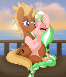 Size: 1761x2047 | Tagged: safe, artist:pearlyiridescence, oc, oc only, oc:honeydew, oc:scuffle, pony, unicorn, fanfic:magic of the heart, blushing, braid, braided tail, cuddling, cute, deck, duo, duo male and female, eyes closed, female, freckles, horn, hug, male, mare, oc x oc, ocean, scuffledew, ship, shipping, sitting, smiling, stallion, straight, sunrise, tail, unicorn oc, water