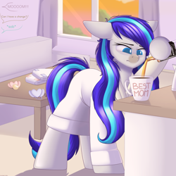 Size: 3000x3000 | Tagged: safe, artist:xcinnamon-twistx, oc, oc only, oc:hooklined, earth pony, pony, alcohol, bags under eyes, clothes, coffee, commission, couch, cup, curtains, diaper, high res, messy mane, mug, pacifier, robe, sunrise, table, this will lead to alcoholism, tired, whiskey