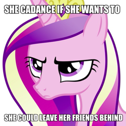 Size: 621x622 | Tagged: safe, artist:stabzor, princess cadance, alicorn, pony, g4, cadance is not amused, caption, female, frown, image macro, mare, men without hats, name pun, pun, safety dance, simple background, solo, song reference, text, unamused