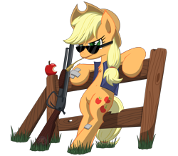 Size: 4000x3500 | Tagged: safe, artist:template93, applejack, earth pony, pony, apple, badass, bandage, clothes, fence, food, grass, gun, hat, high res, leaning, looking at you, rifle, shotgun, simple background, sunglasses, transparent background, vest, weapon, wheat