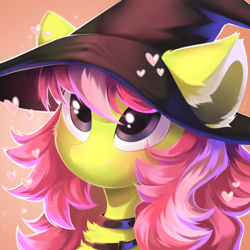 Size: 1500x1500 | Tagged: safe, artist:kebchach, oc, oc only, earth pony, pony, :3, chest fluff, commission, ear fluff, hat, heart, solo, witch hat