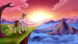 Size: 3840x2160 | Tagged: safe, artist:ohhoneybee, oc, oc only, alicorn, pony, cliff, female, high res, mare, mountain, scenery, solo, spread wings, sunset, tree, wings