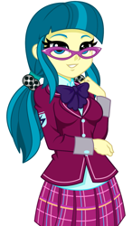 Size: 821x1410 | Tagged: safe, artist:rosemile mulberry, juniper montage, equestria girls, bowtie, clothes, clothes swap, crystal prep academy uniform, cute, female, film reel, glasses, junibetes, looking at you, pigtails, school uniform, simple background, skirt, smiling, smiling at you, solo, twintails